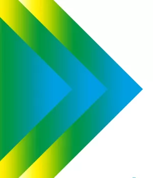 Trois flèches superposées pointant vers la droite dans un dégradé de couleurs jaune, vert et bleu.