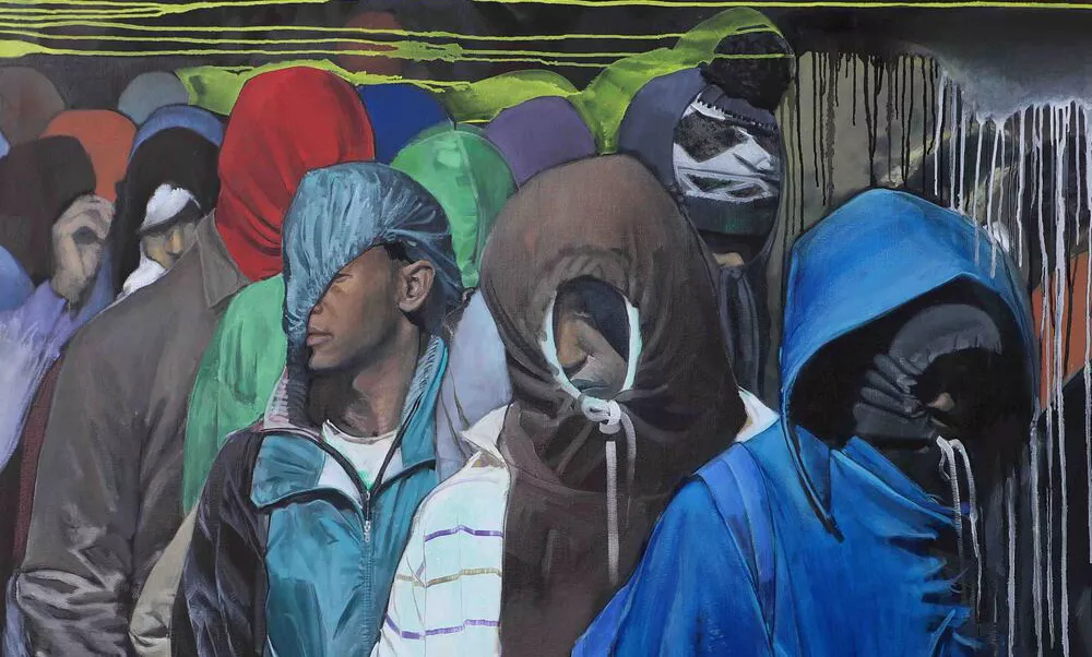 Tableau de l'artiste Boris Garanger intitulé "Passage" représentant des migrants aux visages camouflés sous des capuches.