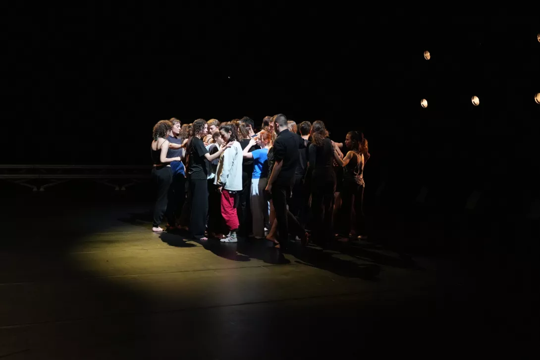 Une grande première regroupent une vingtaine de jeunes âgées de 14 à 20 ans, 11 artistes circassiens stagiaires de la formation d'Arc en cirque et 3 danseur.euses de la cie I wanna be. Un groupe de danseur amateur sont regroupé au milieu de la scène.